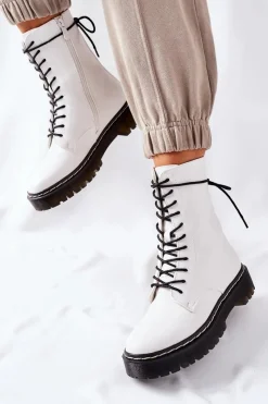 Damskie Trapery|Botki Sznurowane>Damskie buty S.Barski Botki Damskie Workery Białe Corydon