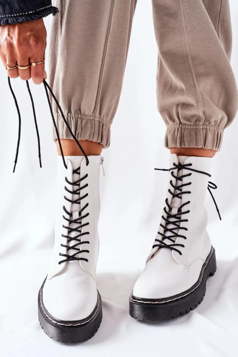 Damskie Trapery|Botki Sznurowane>Damskie buty S.Barski Botki Damskie Workery Białe Corydon