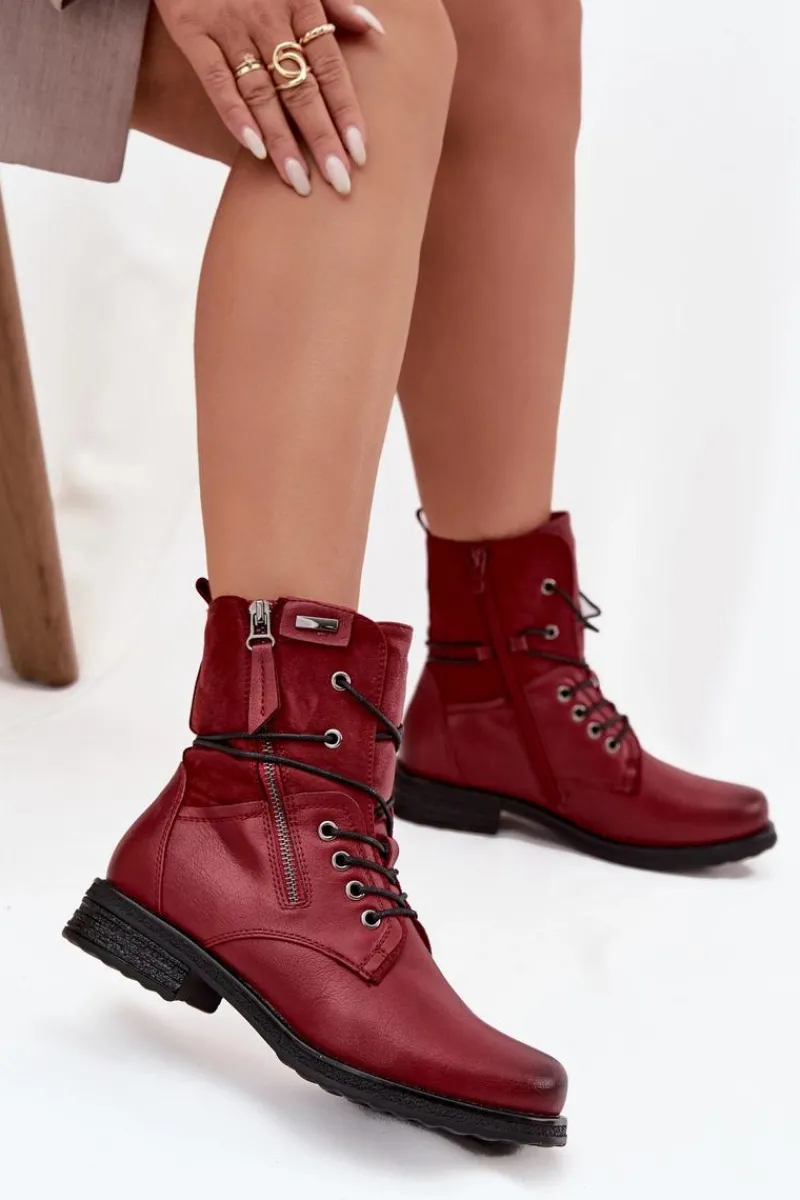 New Botki Damskie Workery Bordowe Perfecto Damskie Botki Sznurowane|Czarne Botki