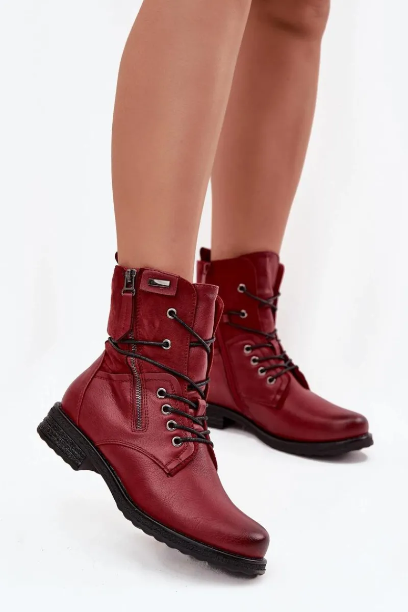 New Botki Damskie Workery Bordowe Perfecto Damskie Botki Sznurowane|Czarne Botki