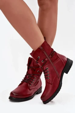 New Botki Damskie Workery Bordowe Perfecto Damskie Botki Sznurowane|Czarne Botki