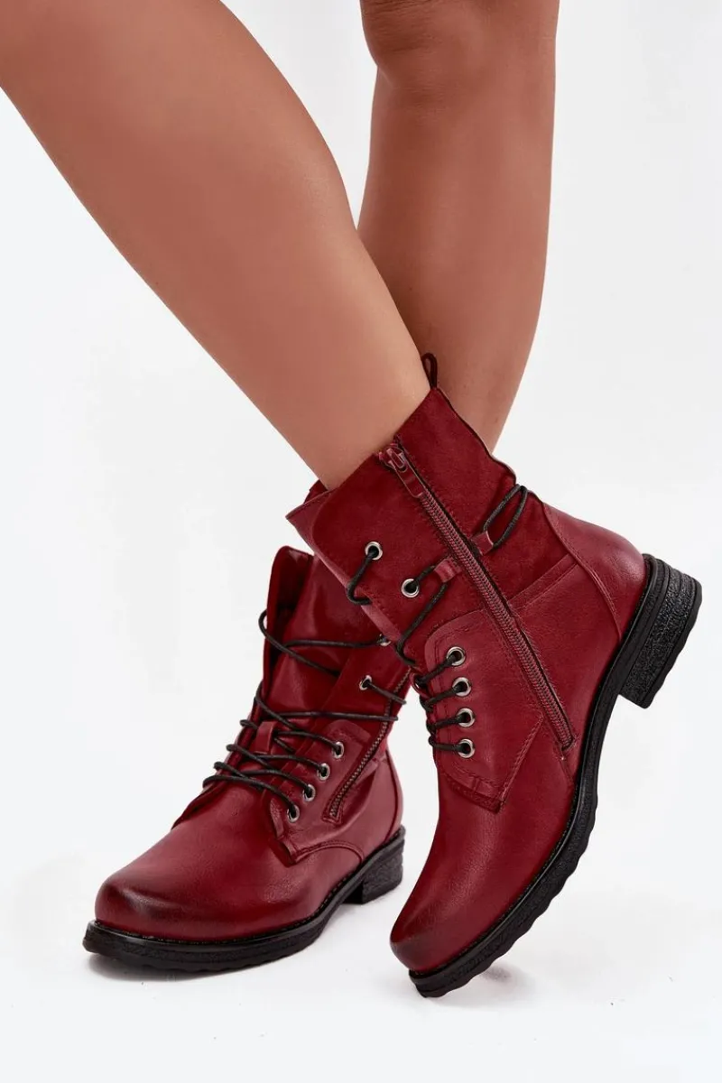 New Botki Damskie Workery Bordowe Perfecto Damskie Botki Sznurowane|Czarne Botki