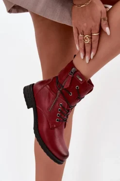 New Botki Damskie Workery Bordowe Perfecto Damskie Botki Sznurowane|Czarne Botki