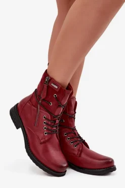 New Botki Damskie Workery Bordowe Perfecto Damskie Botki Sznurowane|Czarne Botki