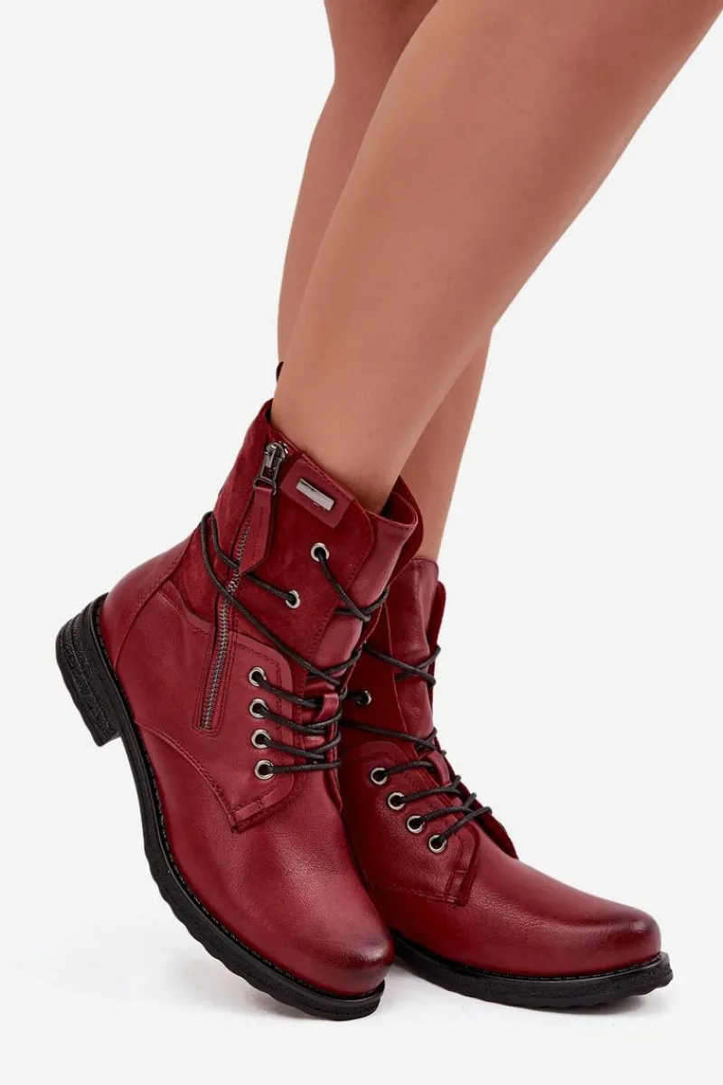 New Botki Damskie Workery Bordowe Perfecto Damskie Botki Sznurowane|Czarne Botki