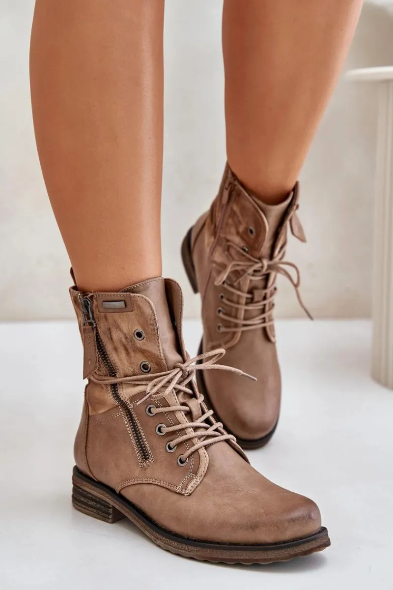 Botki Sznurowane|Czarne Botki>Evento Botki Damskie Workery Ciemnobeżowe Perfecto Beżowy