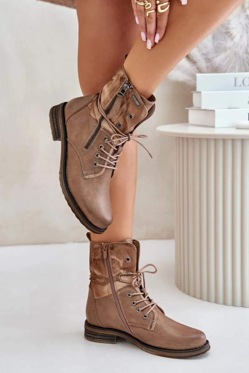 Botki Sznurowane|Czarne Botki>Evento Botki Damskie Workery Ciemnobeżowe Perfecto Beżowy