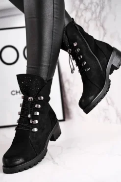 Botki Sznurowane|Czarne Botki>Damskie buty S.Barski Botki Damskie Workery Ciepłe Czarne Bipper