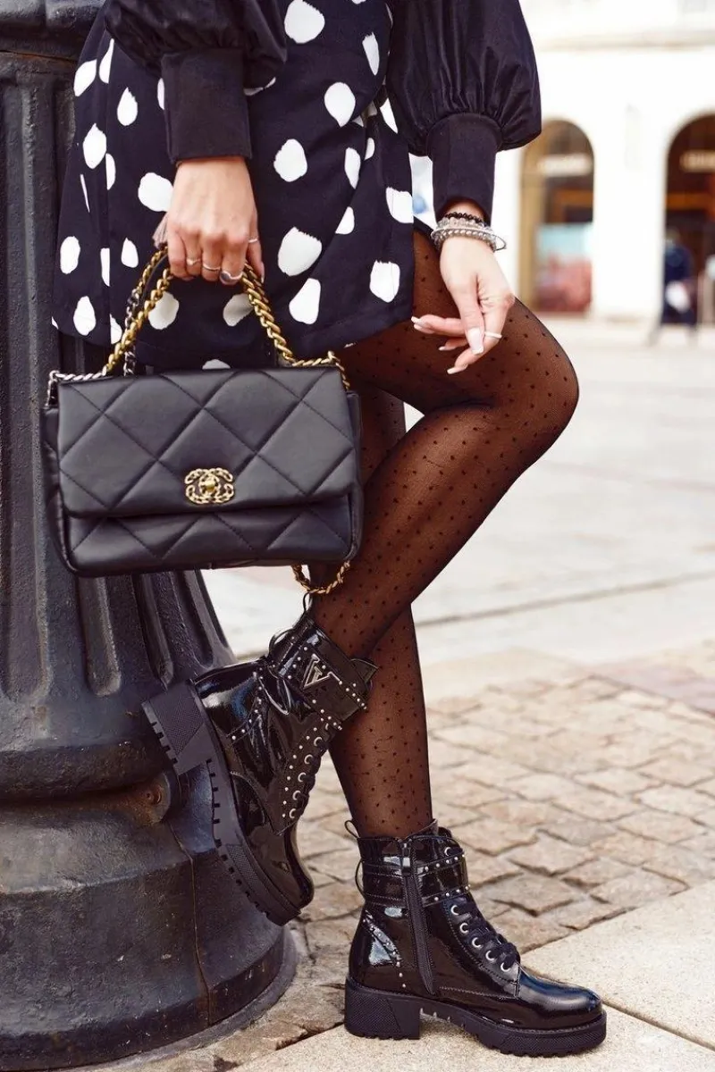 Damskie Trapery|Botki Sznurowane>Boto Botki Damskie Workery Czarne Lakierowane Valeria