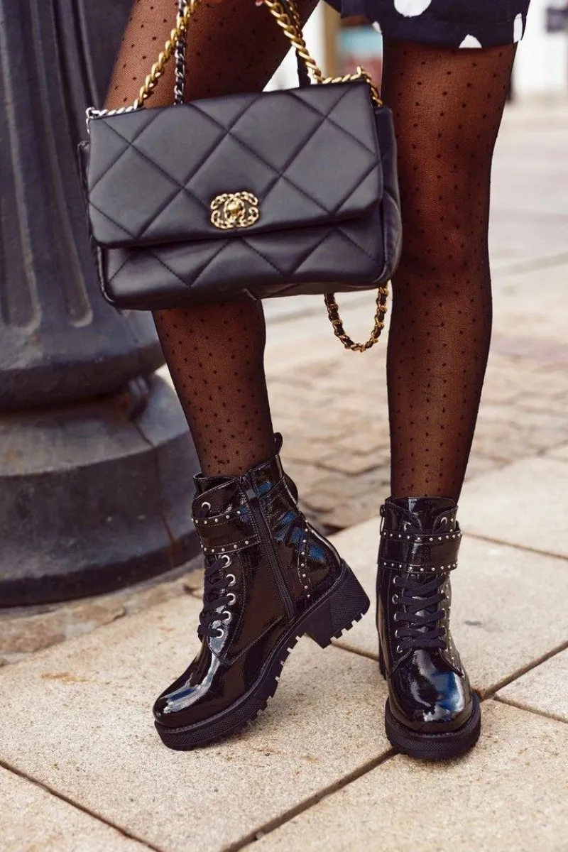 Damskie Trapery|Botki Sznurowane>Boto Botki Damskie Workery Czarne Lakierowane Valeria