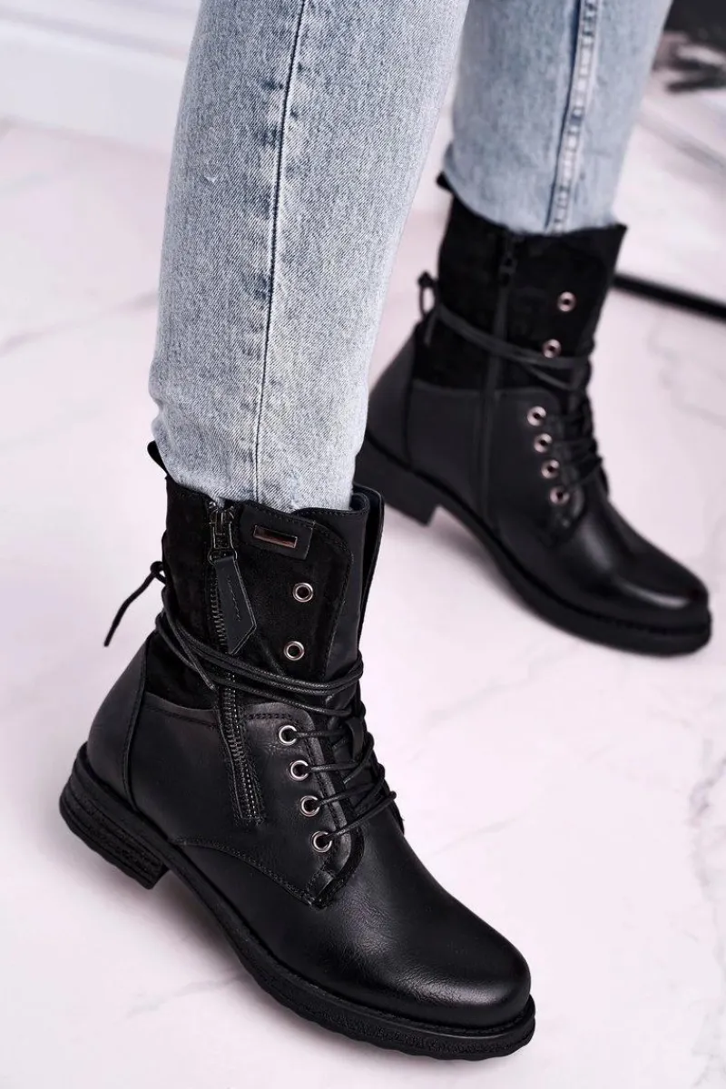 Botki Ocieplane|Botki Sznurowane>Evento Botki Damskie Workery Czarne Perfecto Czarny