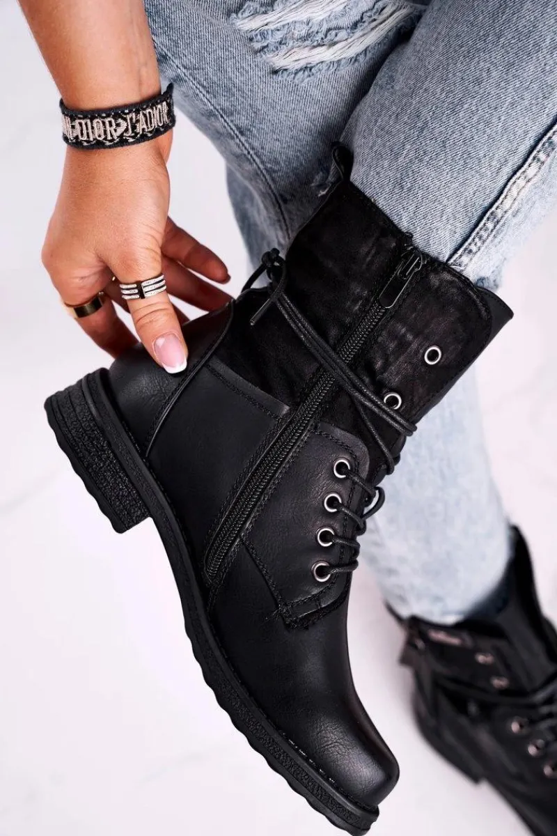 Botki Ocieplane|Botki Sznurowane>Evento Botki Damskie Workery Czarne Perfecto Czarny