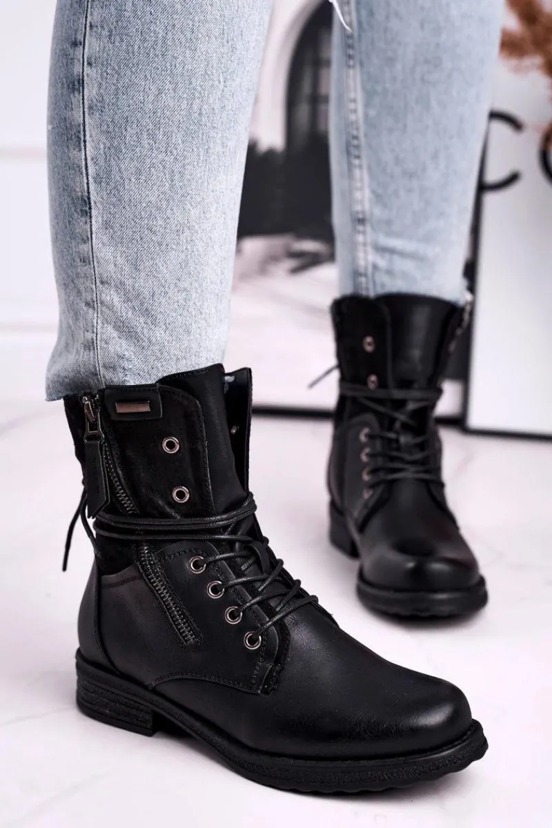 Botki Ocieplane|Botki Sznurowane>Evento Botki Damskie Workery Czarne Perfecto Czarny