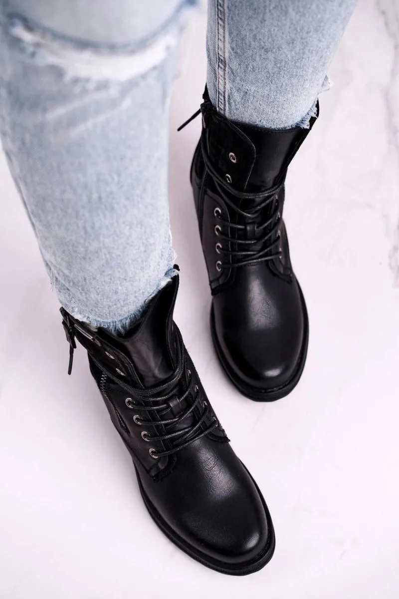 Botki Ocieplane|Botki Sznurowane>Evento Botki Damskie Workery Czarne Perfecto Czarny