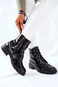 Online Botki Damskie Workery Lakierowane Czarne Goorey Damskie Botki Sznurowane|Czarne Botki