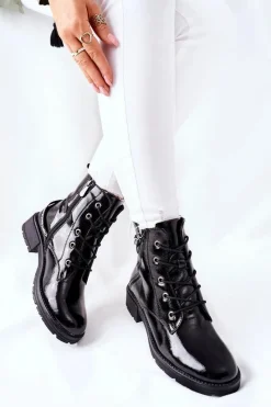 Online Botki Damskie Workery Lakierowane Czarne Goorey Damskie Botki Sznurowane|Czarne Botki