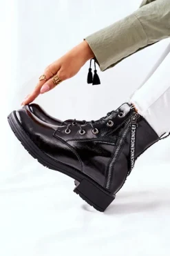 Online Botki Damskie Workery Lakierowane Czarne Goorey Damskie Botki Sznurowane|Czarne Botki