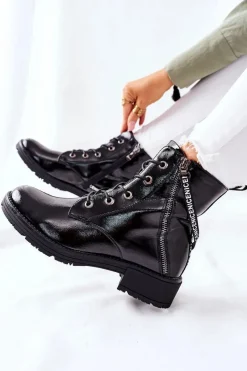 Online Botki Damskie Workery Lakierowane Czarne Goorey Damskie Botki Sznurowane|Czarne Botki