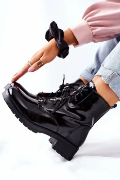 Botki Sznurowane|Czarne Botki>Damskie buty S.Barski Botki Damskie Workery Lakierowane Czarne Maniana