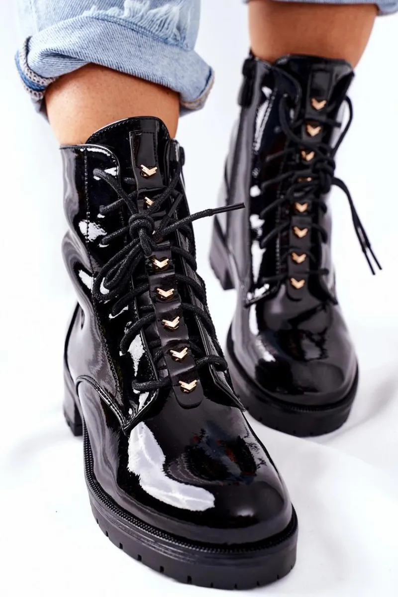 Botki Sznurowane|Czarne Botki>Damskie buty S.Barski Botki Damskie Workery Lakierowane Czarne Maniana