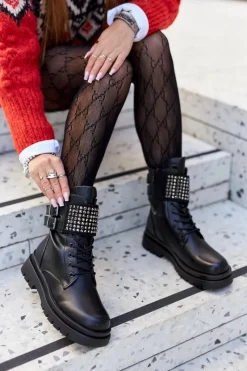 Botki Sznurowane|Czarne Botki>Evento Botki Damskie Workery Z Ćwiekami Czarne Eveis