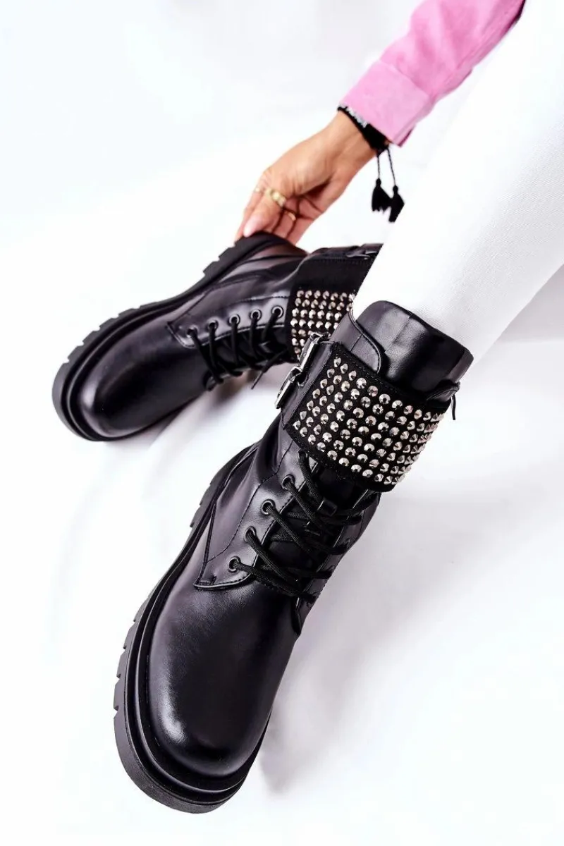 Botki Sznurowane|Czarne Botki>Evento Botki Damskie Workery Z Ćwiekami Czarne Eveis