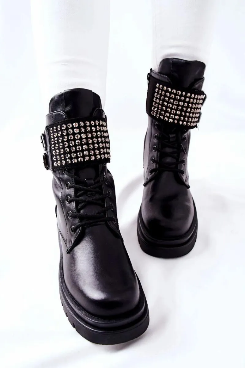 Botki Sznurowane|Czarne Botki>Evento Botki Damskie Workery Z Ćwiekami Czarne Eveis