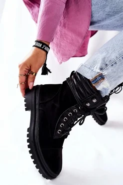 Outlet Boto Botki Damskie Workery Zamszowe Czarne Deliopis