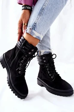 Outlet Boto Botki Damskie Workery Zamszowe Czarne Deliopis