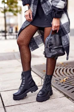 Botki Sznurowane|Czarne Botki>Damskie buty S.Barski Botki Damskie Workery Ze Skarpetą Sznurowane Czarne My Need