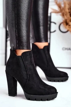 Botki Damskie Wsuwane Na Słupku Eko-Zamsz Czarne Berry Damskie Botki Na Słupku|Czarne Botki