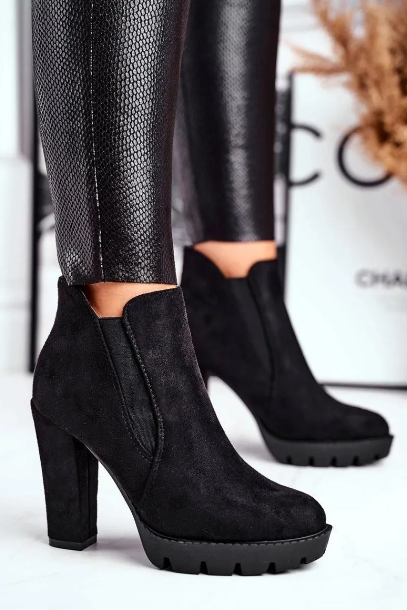 Botki Damskie Wsuwane Na Słupku Eko-Zamsz Czarne Berry Damskie Botki Na Słupku|Czarne Botki