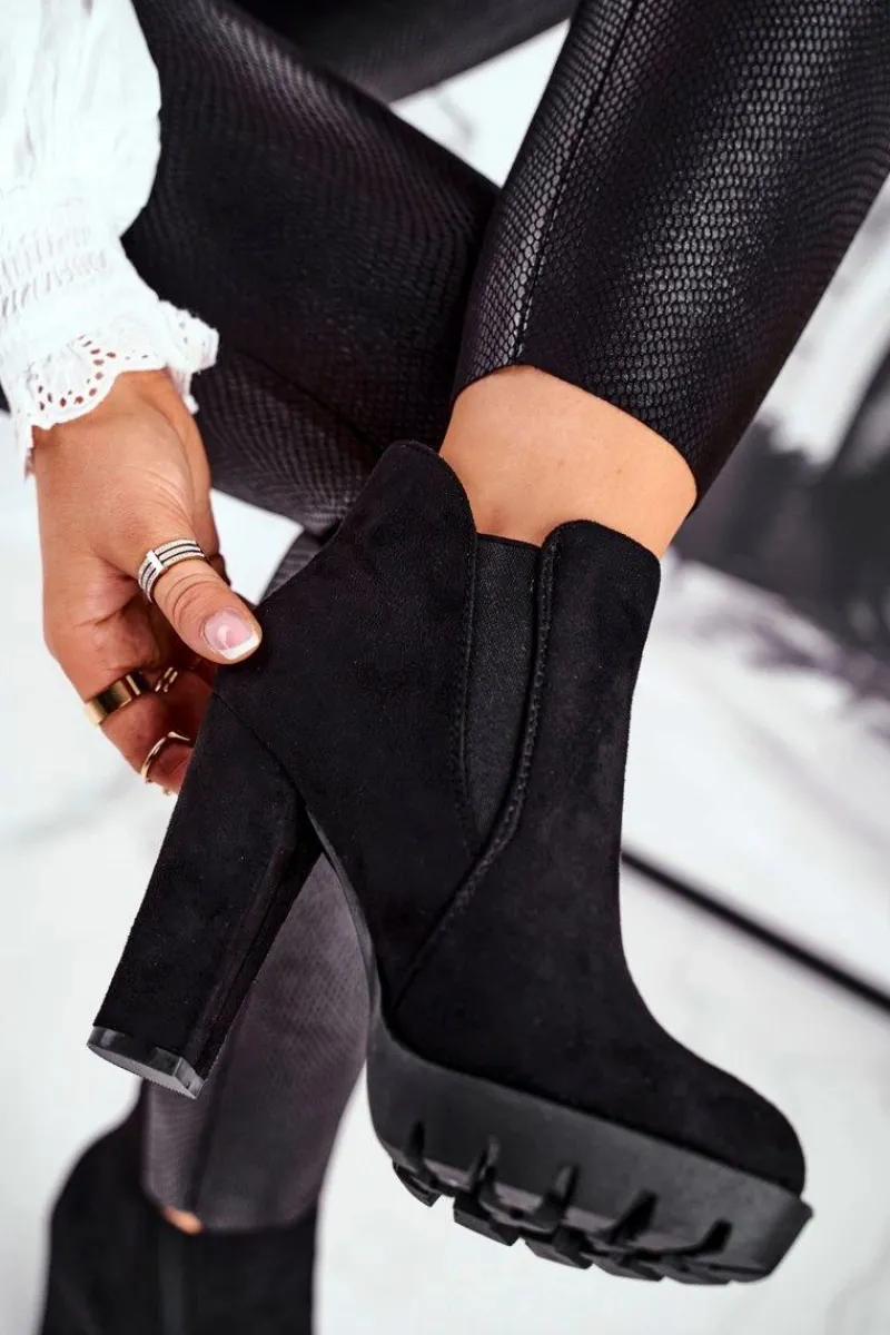 Botki Damskie Wsuwane Na Słupku Eko-Zamsz Czarne Berry Damskie Botki Na Słupku|Czarne Botki