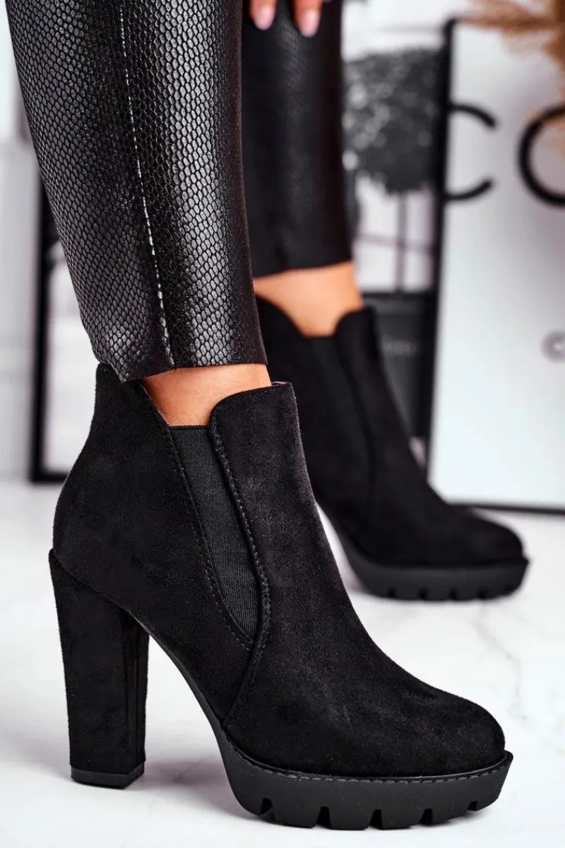 Botki Damskie Wsuwane Na Słupku Eko-Zamsz Czarne Berry Damskie Botki Na Słupku|Czarne Botki