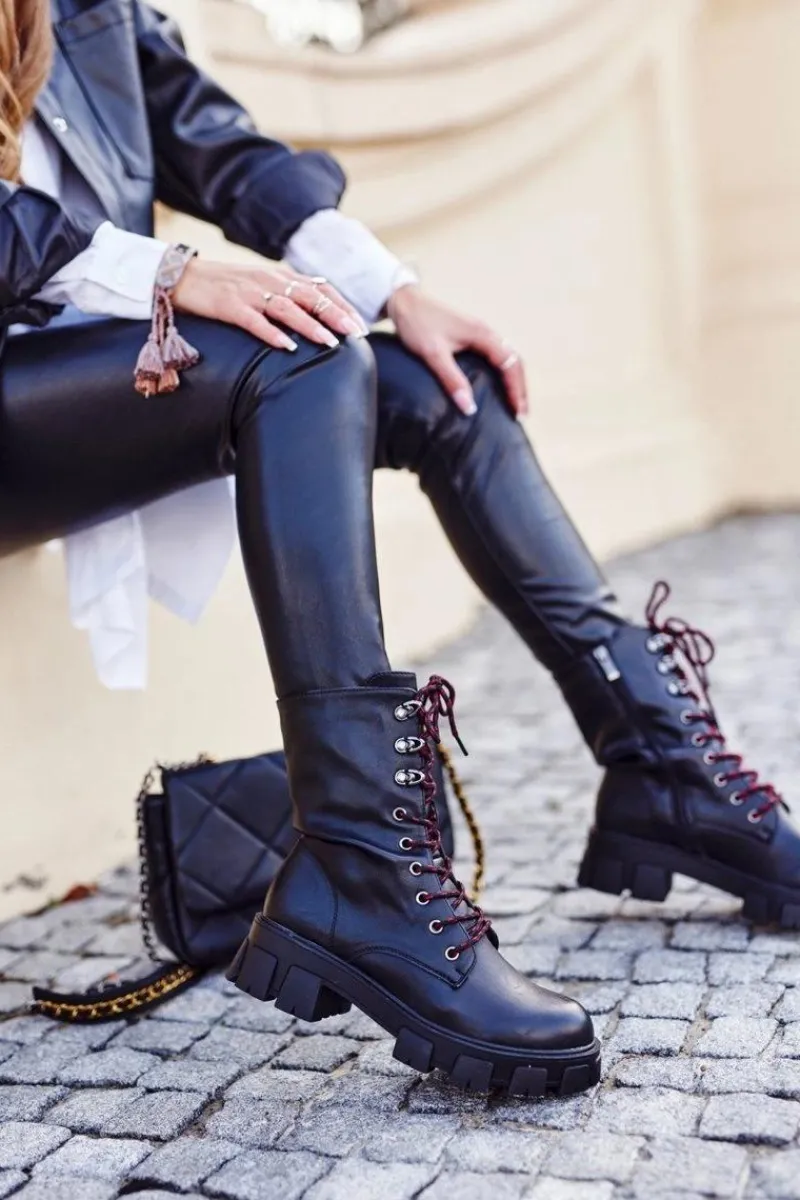 Hot Damskie buty S.Barski Botki Damskie Wysokie Grunge Czarne Moderniso