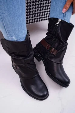 Botki Damskie Wysokie Kowbojki Czarne Winchester Damskie Botki Zimowe Damskie|Botki Płaskie