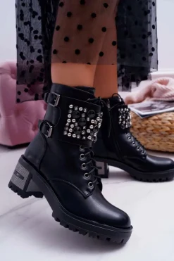 Botki Damskie Wysokie Rock Z Klapą Czarne Infinity Damskie Botki Sznurowane|Botki Na Słupku