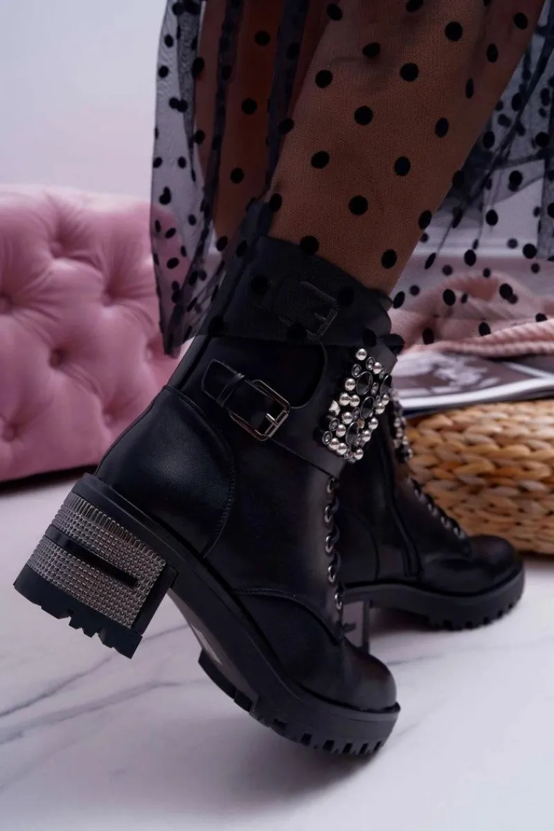 Botki Damskie Wysokie Rock Z Klapą Czarne Infinity Damskie Botki Sznurowane|Botki Na Słupku