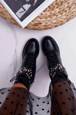 Botki Damskie Wysokie Rock Z Klapą Czarne Infinity Damskie Botki Sznurowane|Botki Na Słupku