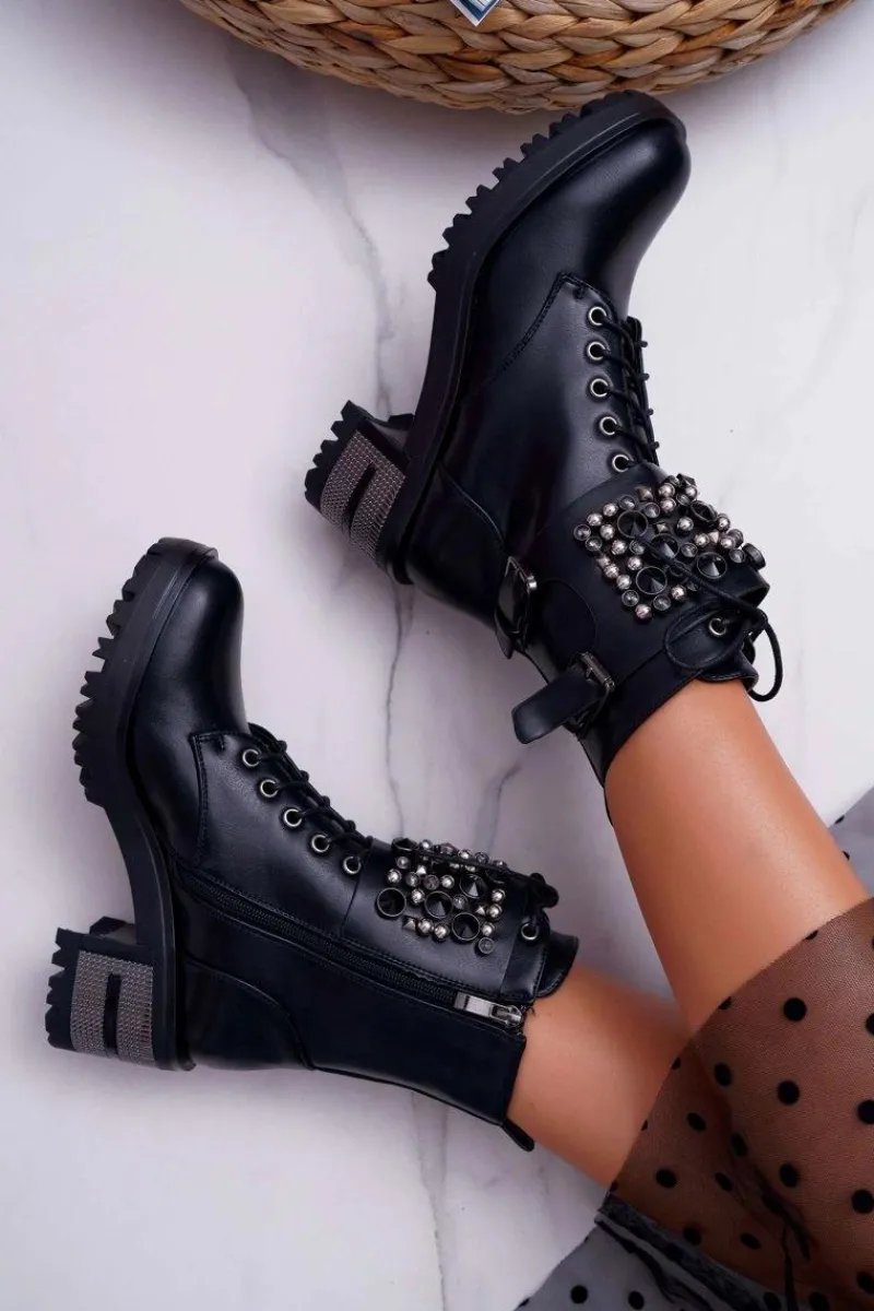 Botki Damskie Wysokie Rock Z Klapą Czarne Infinity Damskie Botki Sznurowane|Botki Na Słupku