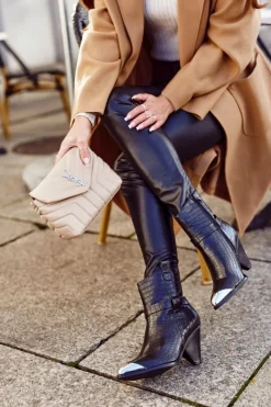 Best Boto Botki Damskie Wysokie Stalowy Nosek Print Czarne Eternally