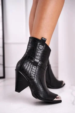 Best Boto Botki Damskie Wysokie Stalowy Nosek Print Czarne Eternally