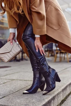 Best Boto Botki Damskie Wysokie Stalowy Nosek Print Czarne Eternally