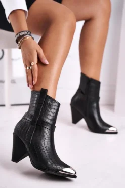 Best Boto Botki Damskie Wysokie Stalowy Nosek Print Czarne Eternally