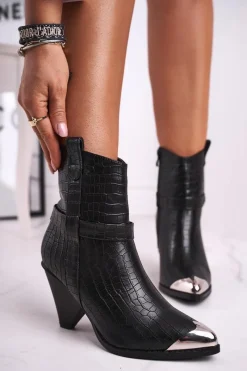 Best Boto Botki Damskie Wysokie Stalowy Nosek Print Czarne Eternally