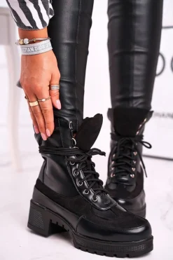 Clearance Boto Botki Damskie Wysokie Sznurowane Czarne Ridley