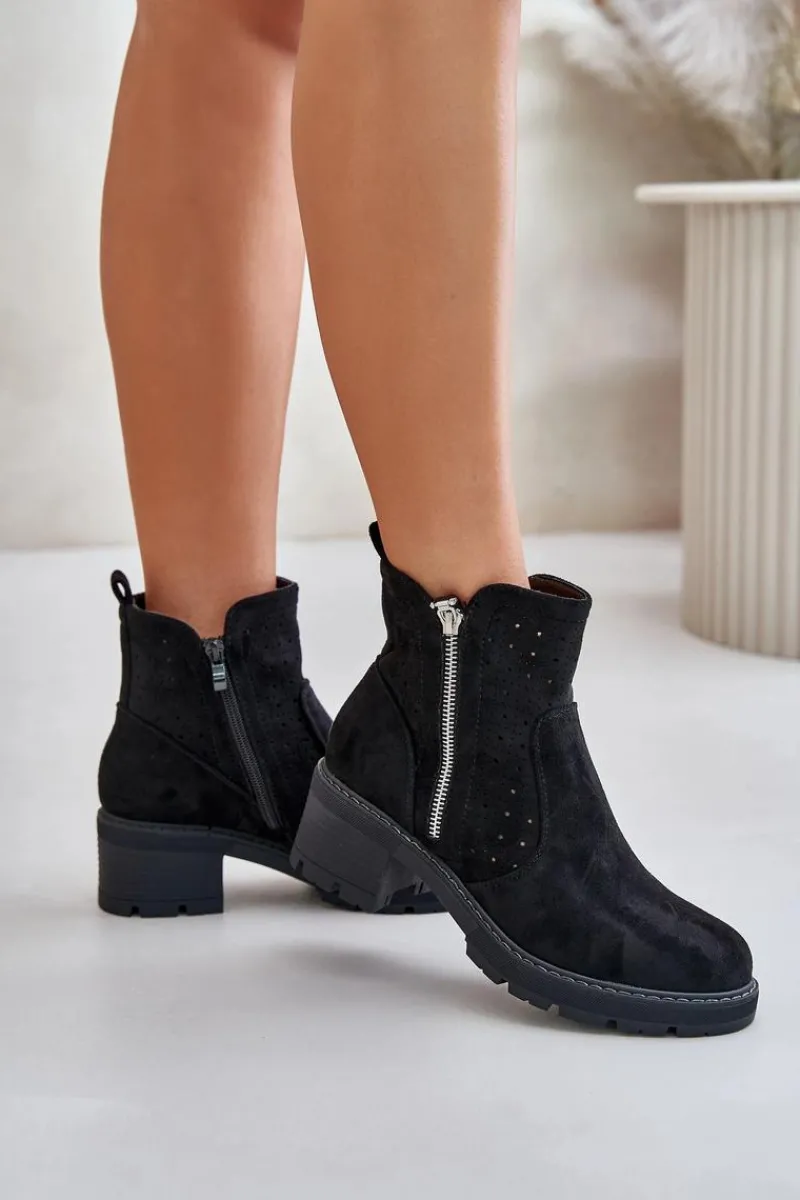 Botki Na Słupku|Botki Ażurowe>Boto Botki Damskie Z Ażurowym Wzorem Na Obcasie Czarne Oviria Czarny