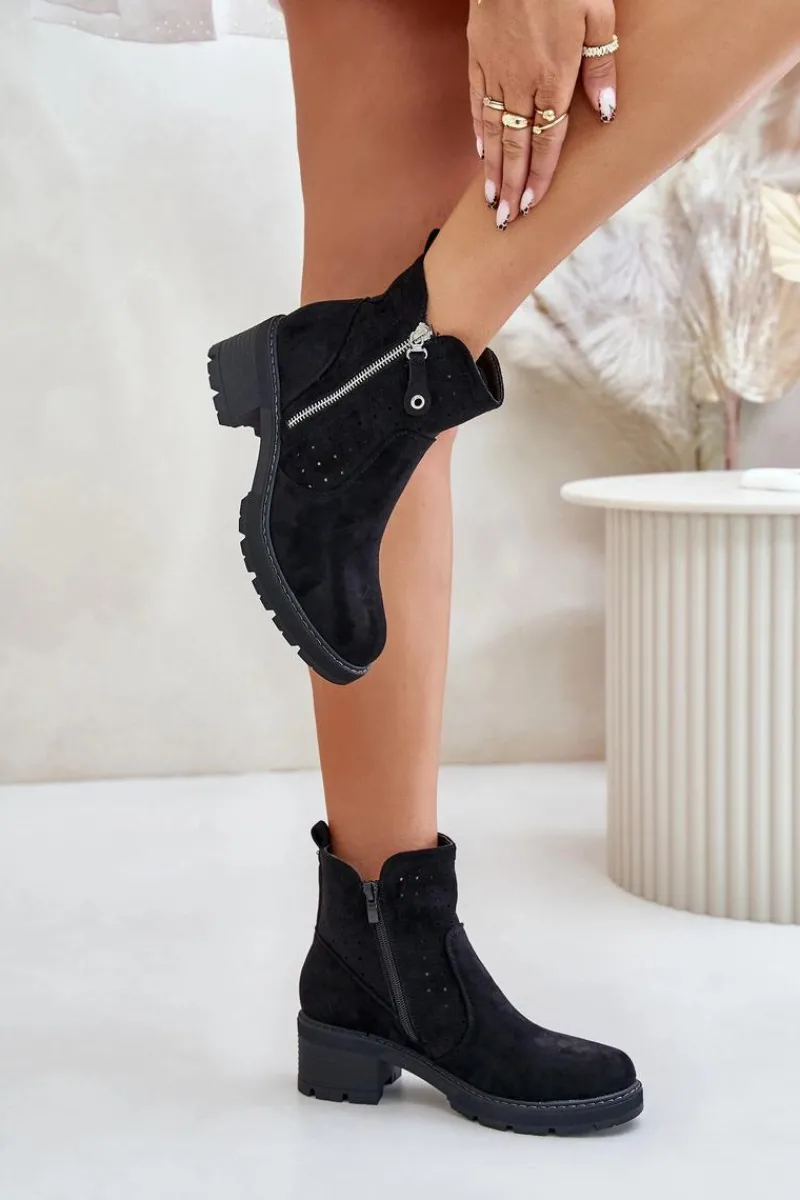 Botki Na Słupku|Botki Ażurowe>Boto Botki Damskie Z Ażurowym Wzorem Na Obcasie Czarne Oviria Czarny