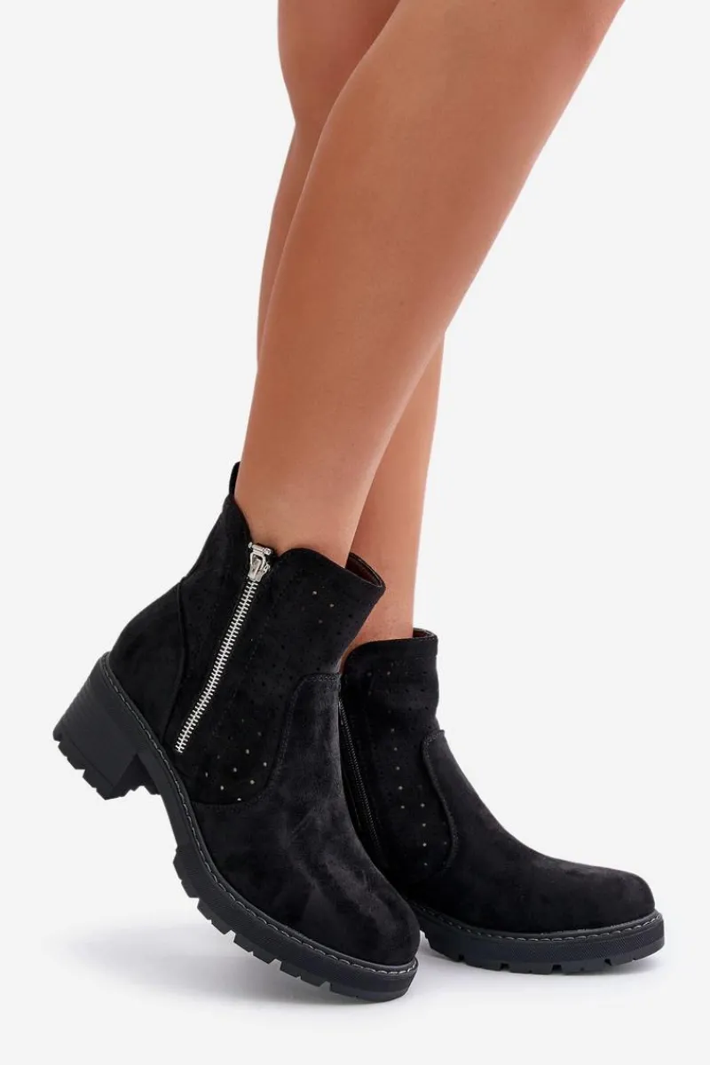 Botki Na Słupku|Botki Ażurowe>Boto Botki Damskie Z Ażurowym Wzorem Na Obcasie Czarne Oviria Czarny