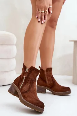 Best Botki Damskie Z Ażurowym Wzorem Na Obcasie Brązowe Oviria Damskie Botki Na Słupku|Botki Ażurowe
